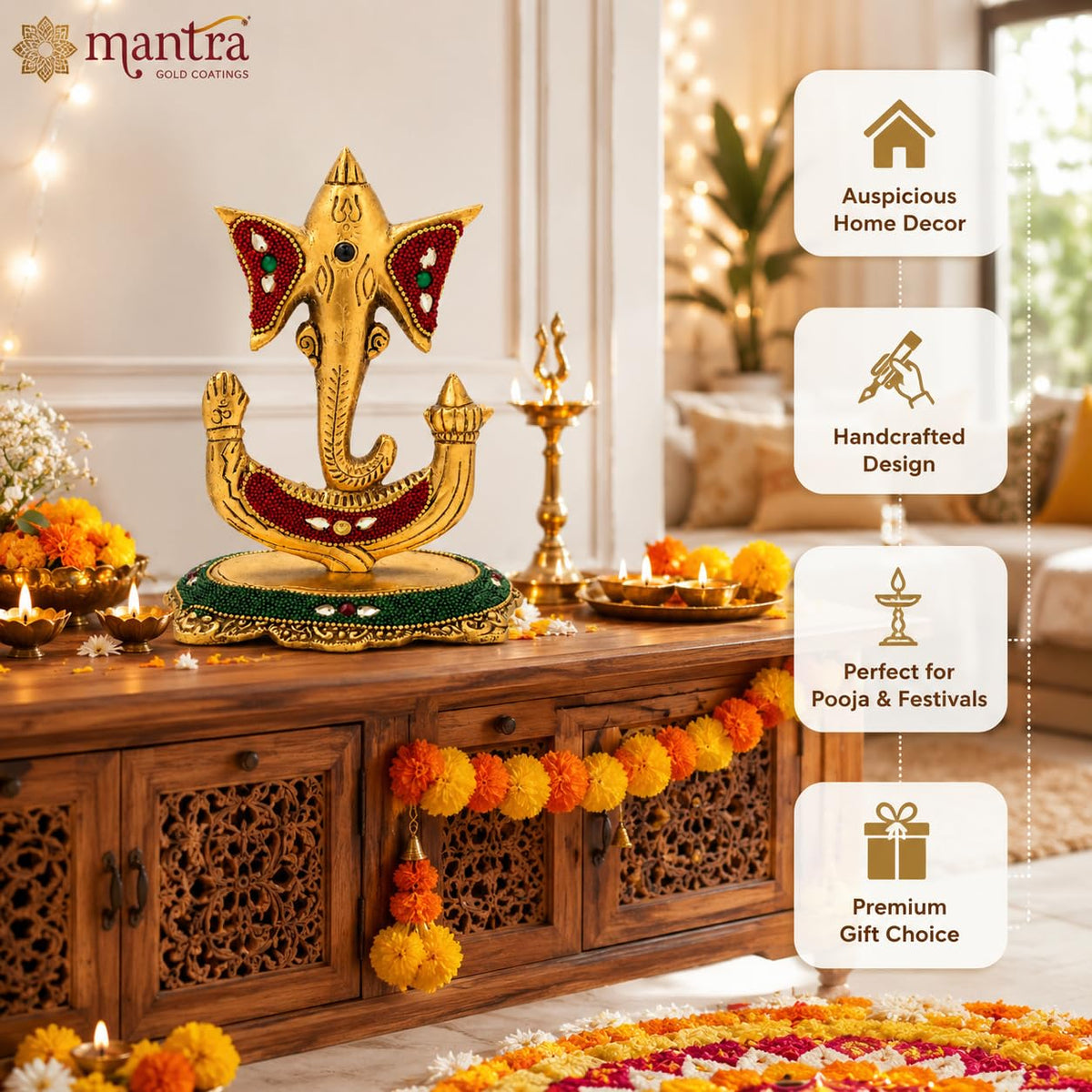 Kalakriti Decorative Lord Trishul Ganesha Idol for Home Decor – Golden Metal Finish Ganpati Murti for Pooja Room, Office & Gift Purpose