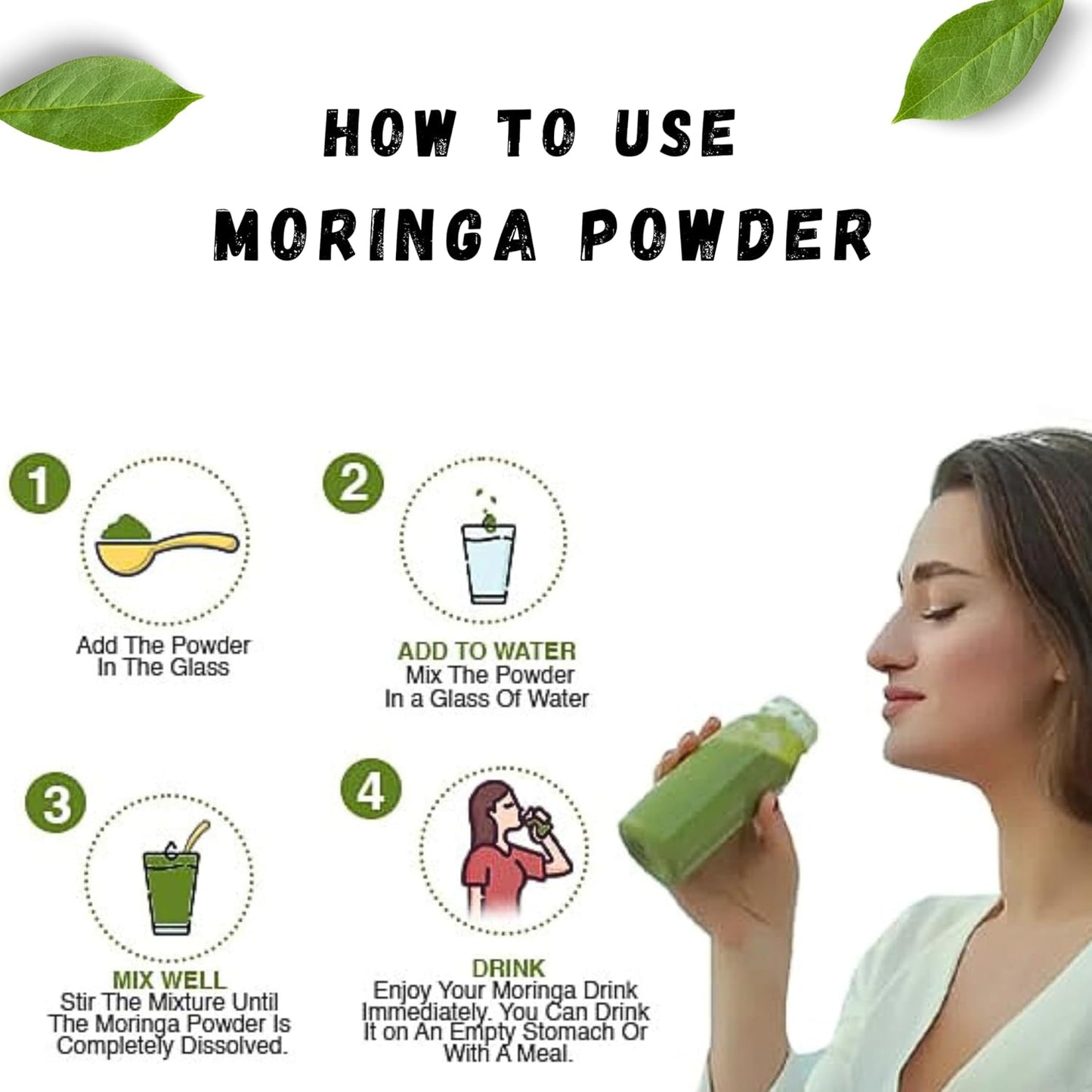 Instructions on how to use moringa powder with a woman drinking a green smoothie.