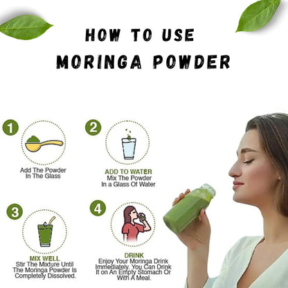 Instructions on how to use moringa powder with a woman drinking a green smoothie.