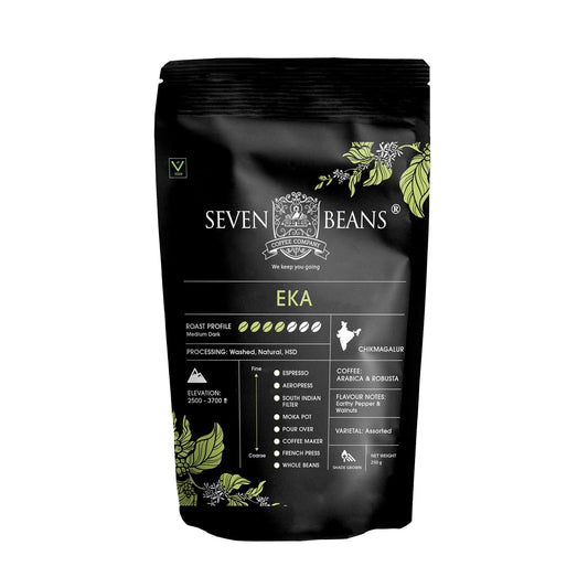 Seven Beans Eka | Coffee Maker Grind | Medium Dark Roast | Earthy with hints of Pepper & Walnut Notes | Arabica & Robusta Blend | Italian Style Coffee | Italian Roastmaster Crafted – 250g