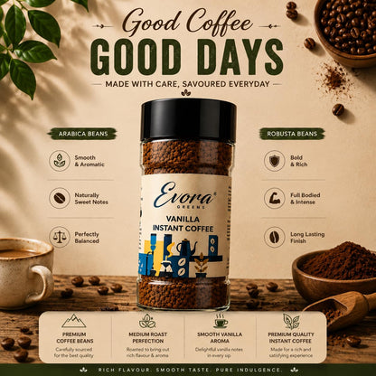 EVORA Greens 100gm Instant Coffee Powder | Vanilla Flavour | Coffee with Arabica & Robusta Blend - Medium Roast | Make Café Style Hot or Cold Coffee, black Coffee, Cappuccino, Latte at Home | Make 50 Cups