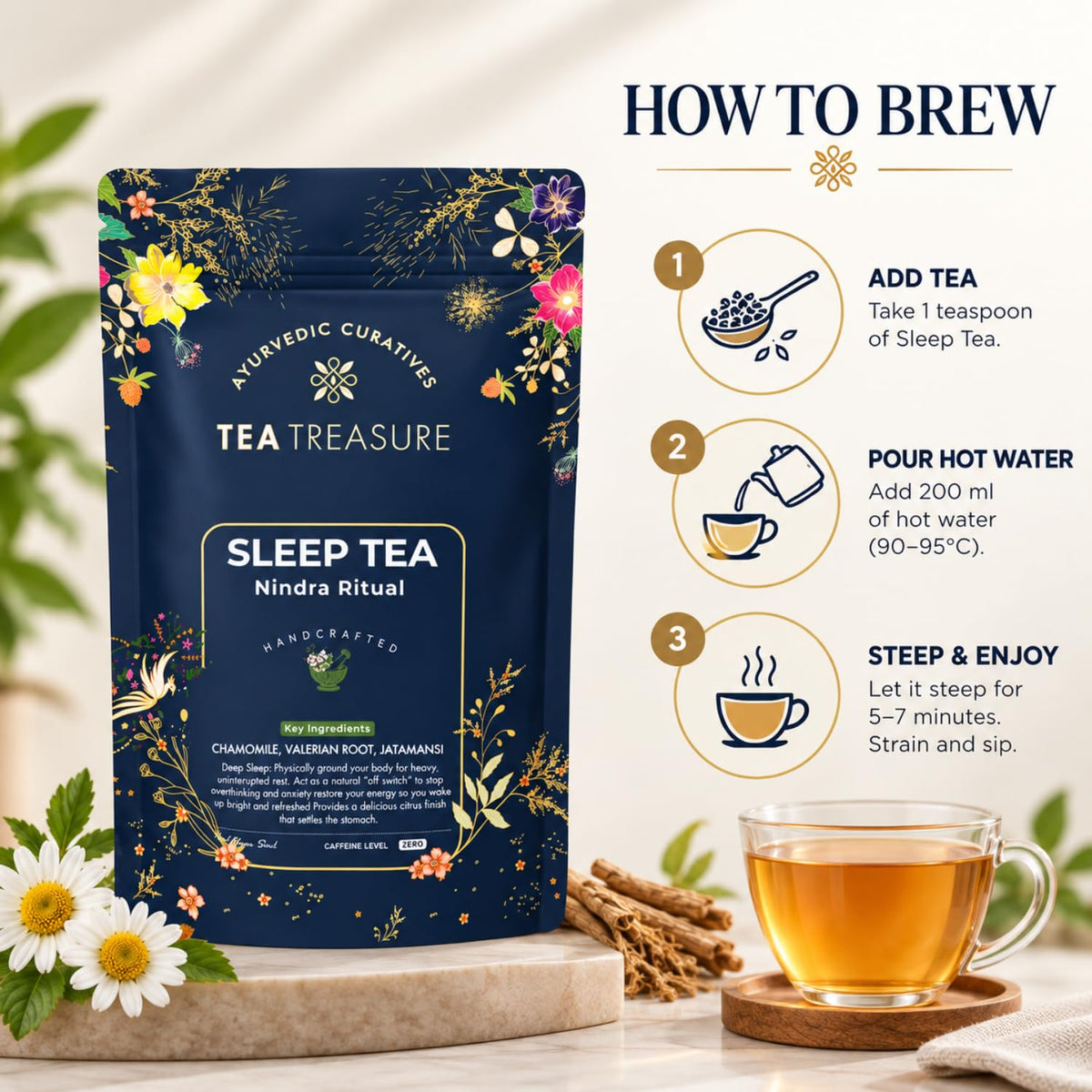 Tea Treasure Sleep Tea Nindra Ritual - 100g | Caffeine-Free Herbal Tea | Chamomile, Valerian Root & Jatamansi | Calming Bedtime Relaxation, Stress Relief & Better Sleep Routine Support