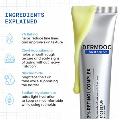 DERMDOC 2% Retinol Face Serum, 12ml | Reduces Fine Lines | Improves Skin Texture & Elasticity| Brightens Skin | Hydrating | Boosts Collagen | Smoother Complexion | For All Skin Types