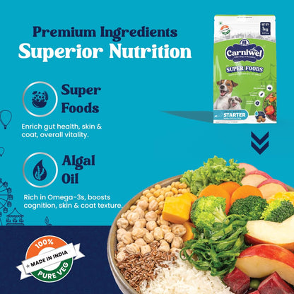 Carniwel Superfoods Starter Dry Dog Food 1kg| 100% Vegetarian | Fresh & Natural Ingredients | Highly Palatable | GMO Free | Premium Nutrition for Small Dogs