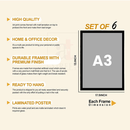 Abstract Botanical & Geometric Framed Painting Wall Art Set of 6 | Modern Neutral Prints | Beige, Brown & Black Tones | Engineered wood Frame Wall Décor, (Size: A3)