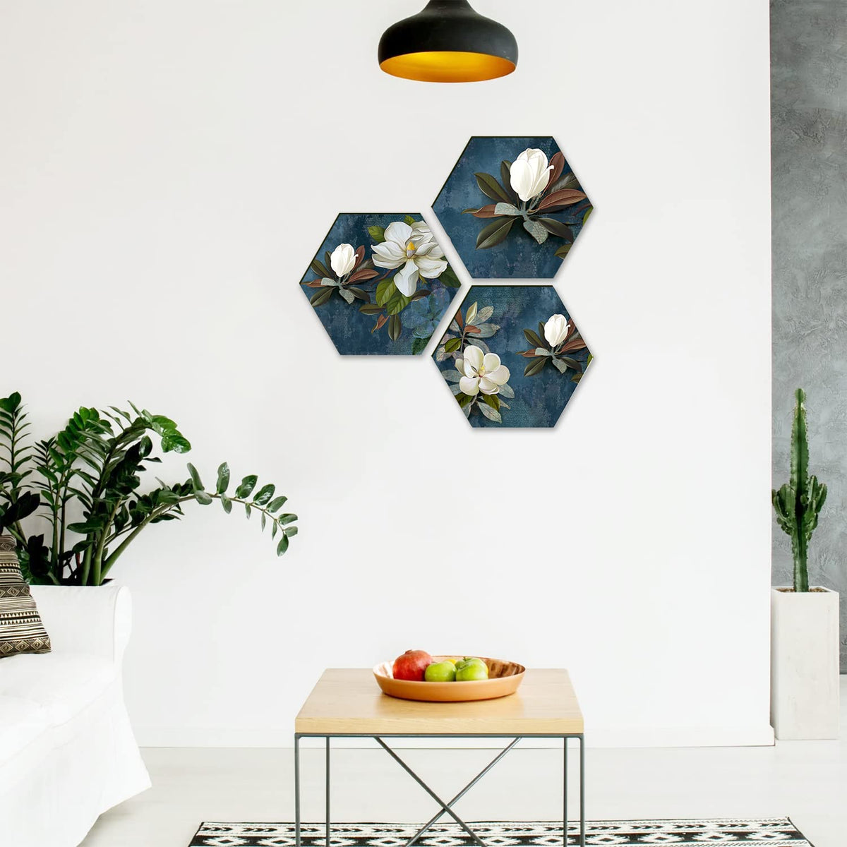 Floral Wall Painting For Living Room Hexagonal Set of 3 (E)