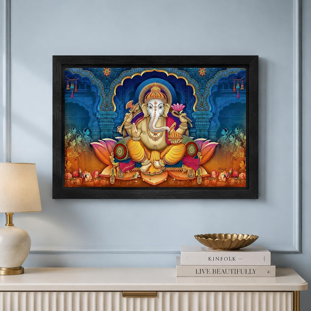 Wood Xtore Lotus Ganesha Art Framed Religious Painting, Ready to Hang (12inch x 18 inch, Multicolor)