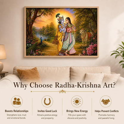 Radha Krishna Garden Vastu Wall Painting for Living Room Bedroom Hall Office Decor, Devotional Peacock Cow Artwork, Premium Wooden Synthetic Frame (13.5 x 19.5 Inch) NM01-V-166