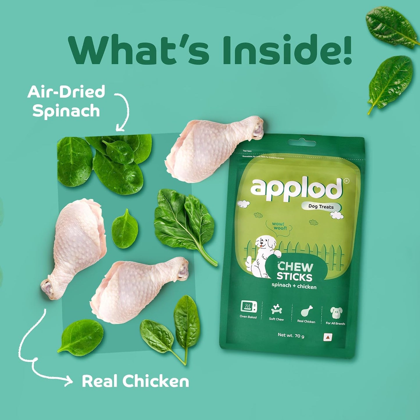 Applod Soft Spinach & Chicken Chew Sticks for Puppies, Adult & Senior Dogs | Nutritious Soft Chew Training Treats Gentle on Teeth | Healthy Veggie Dog Snacks | 70g