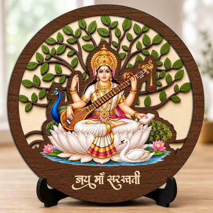 Plan To Gift Saraswati Maa Round Wooden Devotional Idol with Stand for Puja Room, Home Decor & Religious Gift - 5x5 Inch