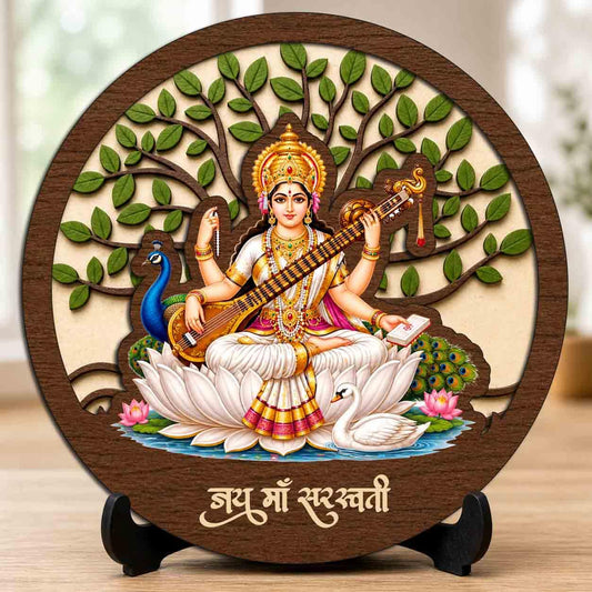 Plan To Gift Saraswati Maa Round Wooden Devotional Idol with Stand for Puja Room, Home Decor & Religious Gift - 5x5 Inch