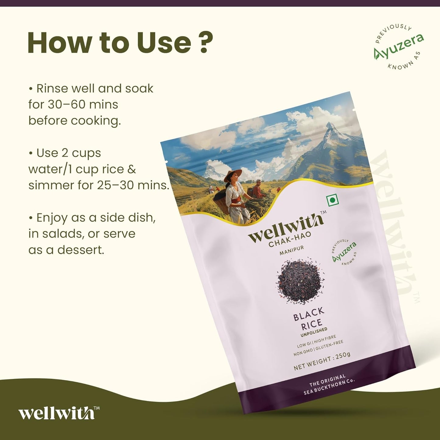 Wellwith (Ayuzera) Black Rice Gluten Free 250g | Chak Hao | Organic Karuppu Kavuni |100% Natural & Organic | Forbidden Manipuri Rice (Pack of 1)
