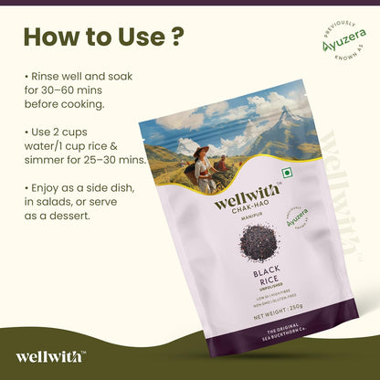 Wellwith (Ayuzera) Black Rice Gluten Free 250g | Chak Hao | Organic Karuppu Kavuni |100% Natural & Organic | Forbidden Manipuri Rice (Pack of 1)