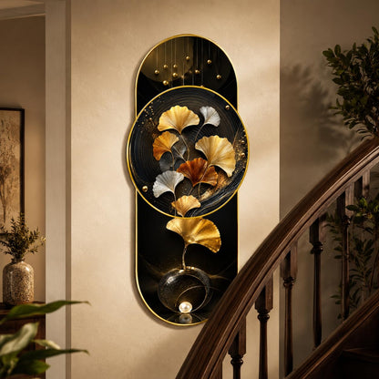 Luxury Ginkgo Leaf Wall Painting for Living Room, Bedroom & Hallway Decor, Black Gold Abstract Floral Artwork with Premium PVC Golden Frame (16 x 35 Inch)