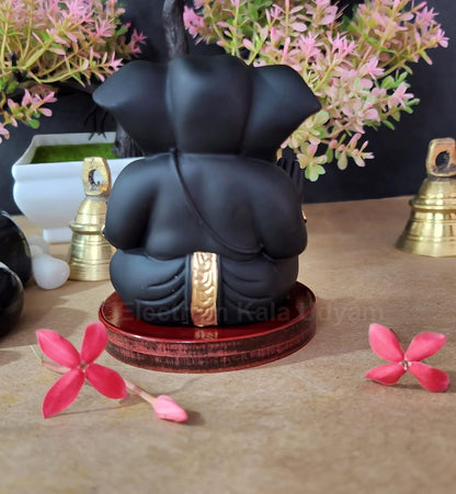 Handcrafted Poly Resin Ganesha Statue with Base - Perfect for Car Dashboard, Office Desk, Shelves, and Home Decor - Ideal Housewarming Gift! (AppuBlackwithbase)