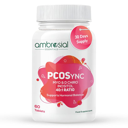 Supplement bottle labeled 'PCOSync' by ambrosial on a white background