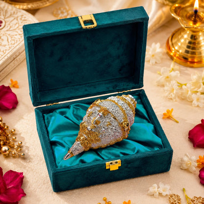 999 Pure Silver Plated & 24K Gold Plated Ganesh Shankh with Velvet Gift Box, 4.7 Inch Ganesha Shankh for Fengshui Vastu Gifts, Wedding Anniversary House Warming Gifts New Home Decor Items