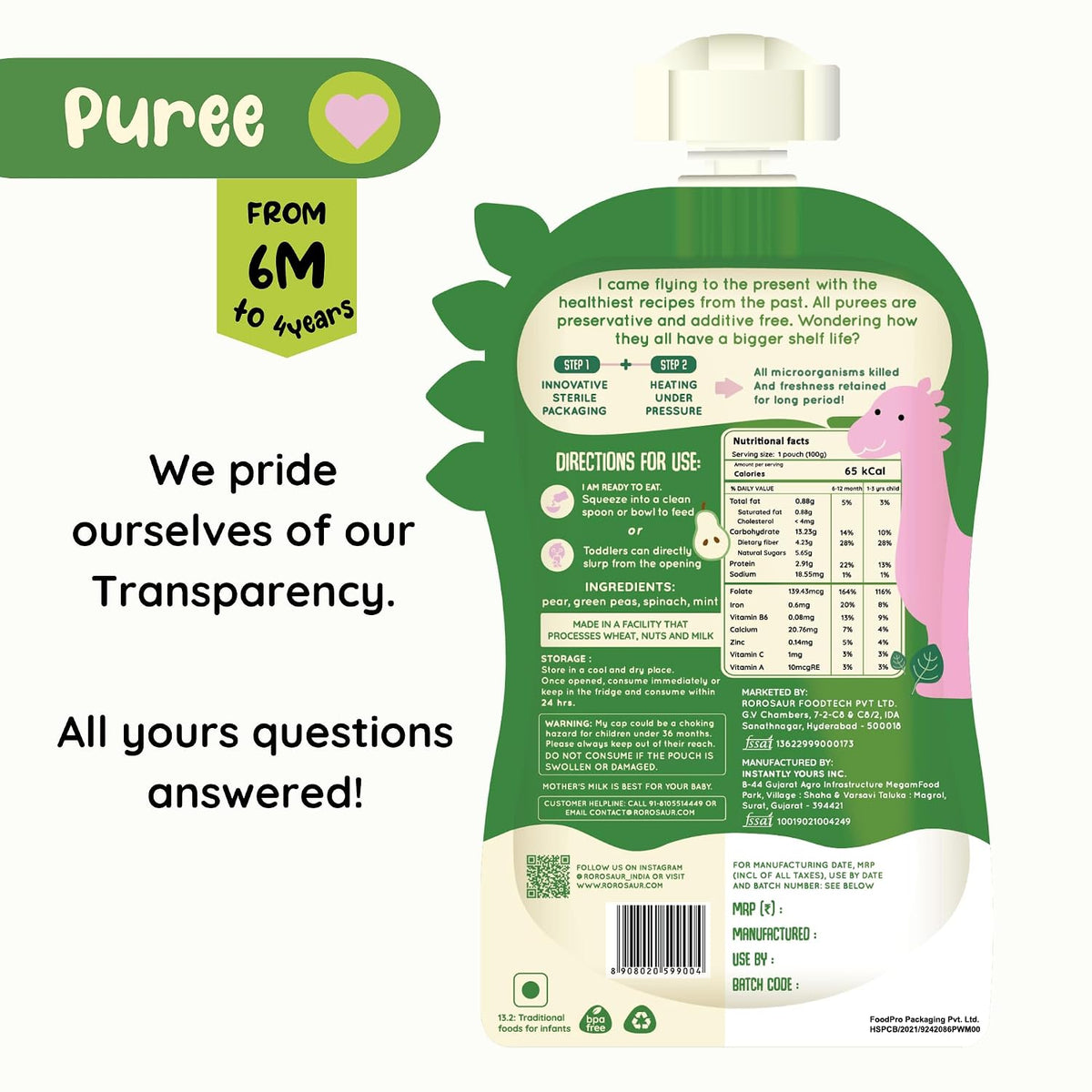 Rorosaur Ready to Eat Fruit & Veggie Baby Food Puree Pouch for 6+ Months Baby 100g each, Pk of 2 | Made with Spinach, Pear & Peas Puree in Pouch | 100% Natural, No Preservatives, No Sugar, No Salt