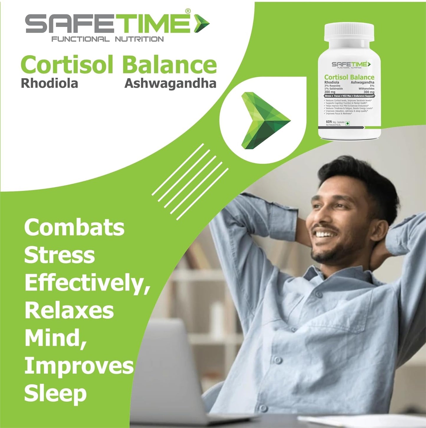 Advertisement for SafeTime Cortisol Balance supplement with a man relaxing in the background