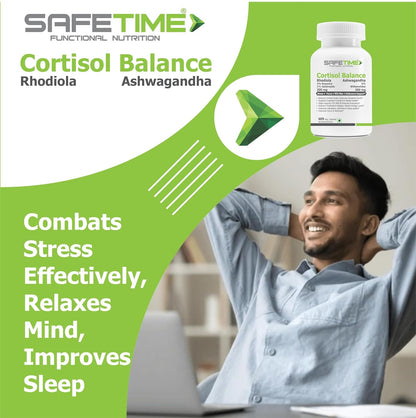 Advertisement for SafeTime Cortisol Balance supplement with a man relaxing in the background