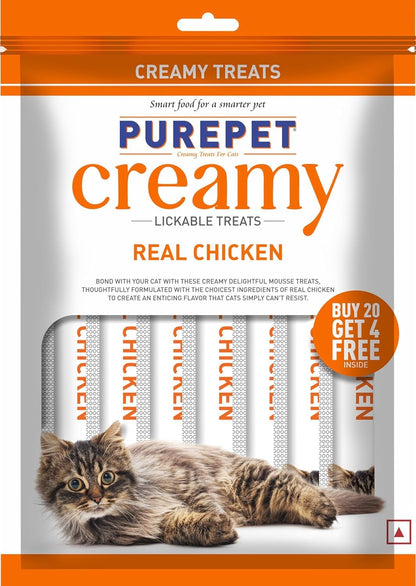 Purepet Creamy Lickable Cat Treats 360g (15g x 24) | Real Chicken | High Protein | Taurine for Heart & Vision | Supports Hydration | Ideal for Training | for Kittens & Adult Cats