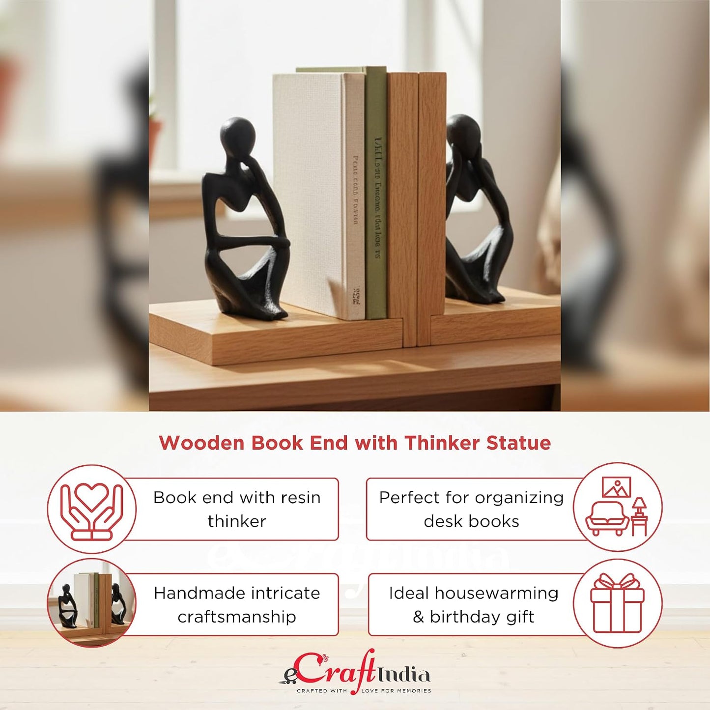 eCraftIndia Wooden Book End with Resin Thinker Statues Showpiece for Home Decor Office Table | Gift for Housewarming Birthday