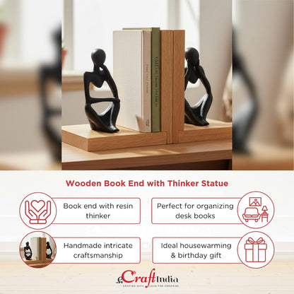 eCraftIndia Wooden Book End with Resin Thinker Statues Showpiece for Home Decor Office Table | Gift for Housewarming Birthday