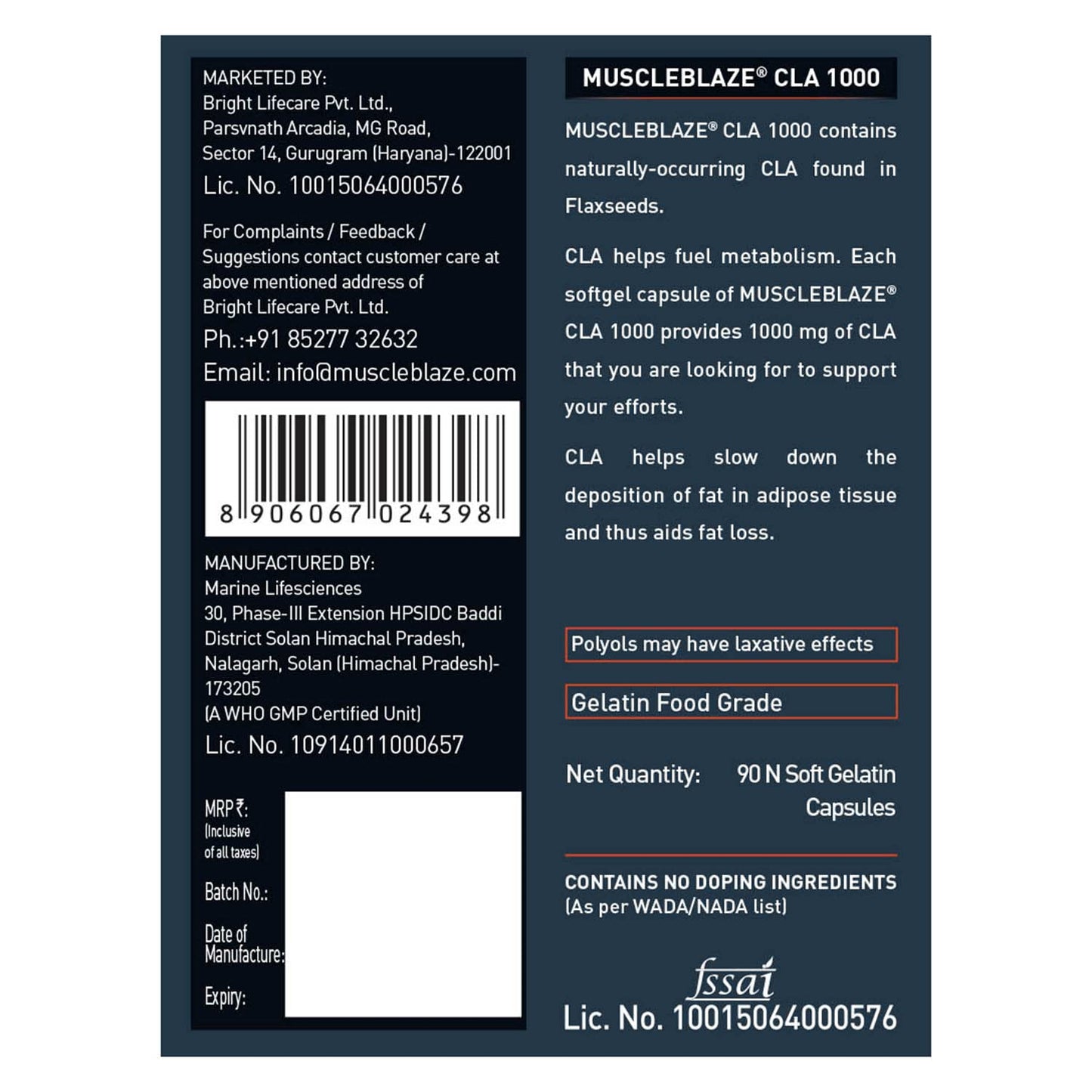MuscleBlaze CLA 1000 (90 Softgel Capsules) | Fat Burner, Supports Weight Loss | Fuels Metabolism