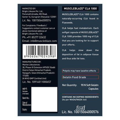 MuscleBlaze CLA 1000 (90 Softgel Capsules) | Fat Burner, Supports Weight Loss | Fuels Metabolism