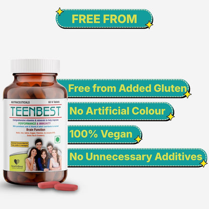 Healthbest Teen Multivitamin Tablets - Daily Vitamins for Teenagers - Boost Energy & Immunity - Natural Ingredients - 60 Tablets