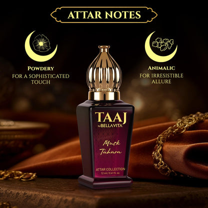 TAAJ Bellavita Attar Notes bottle with descriptors on a dark background