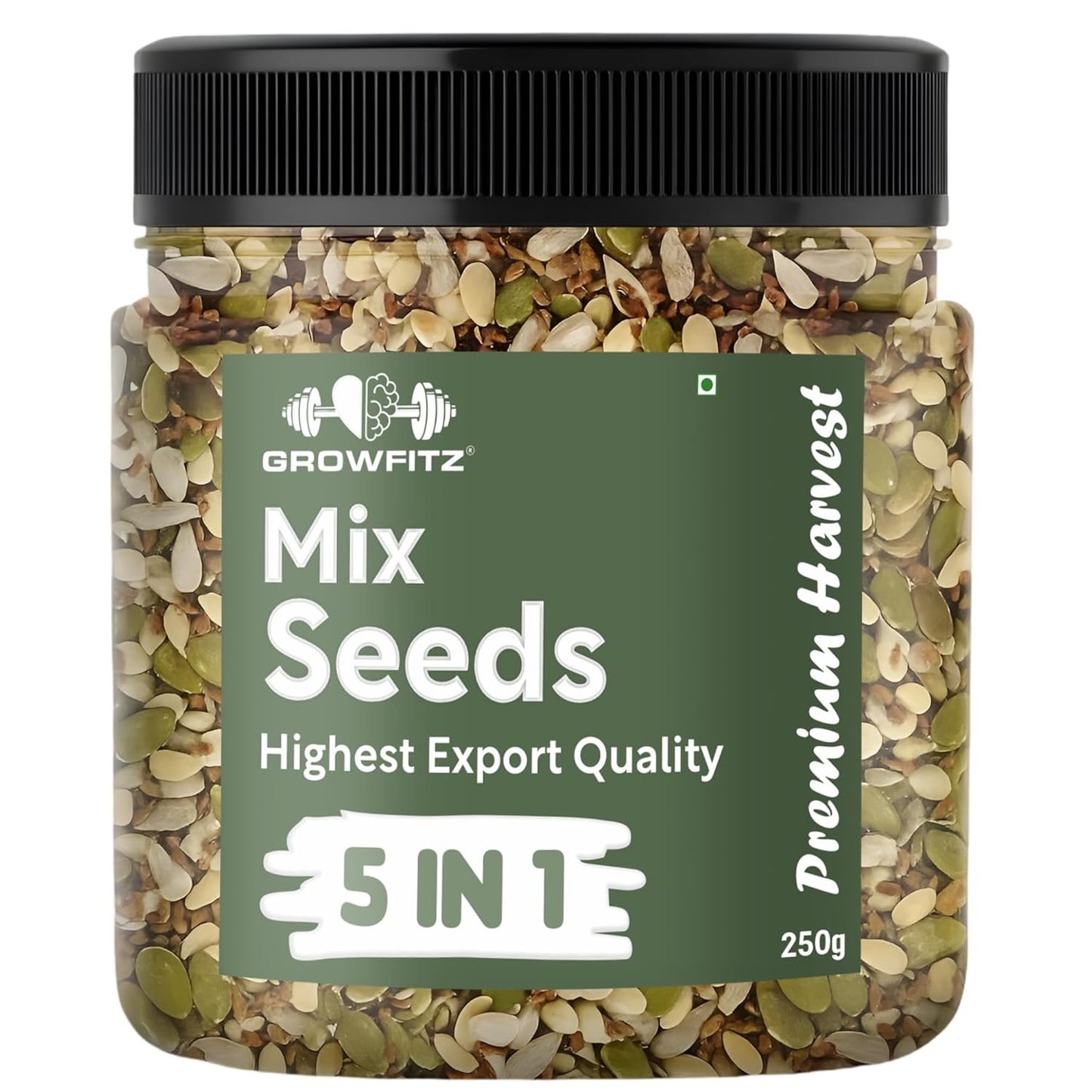 Growfitz 5 -in-1 Super Seed Mix | 250g | 20.5g High Protein & Fiber | Roasted Pumpkin, Sunflower, Flax, Chia, Soy Nuts & Sesame | Healthy Snack | Export Quality Superfood