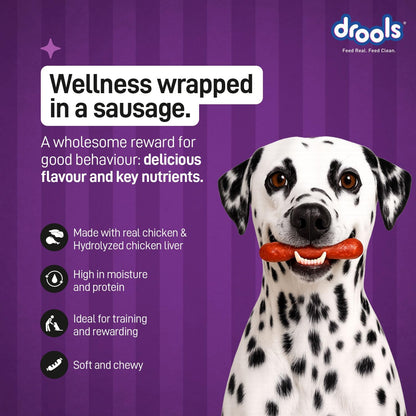 Drools Adult & Puppy Sausage for Dog, 450g | Liver Flavour | High Protein | Treat & Food Topper | Grain Free | Best for Training & Bonding | No Preservatives
