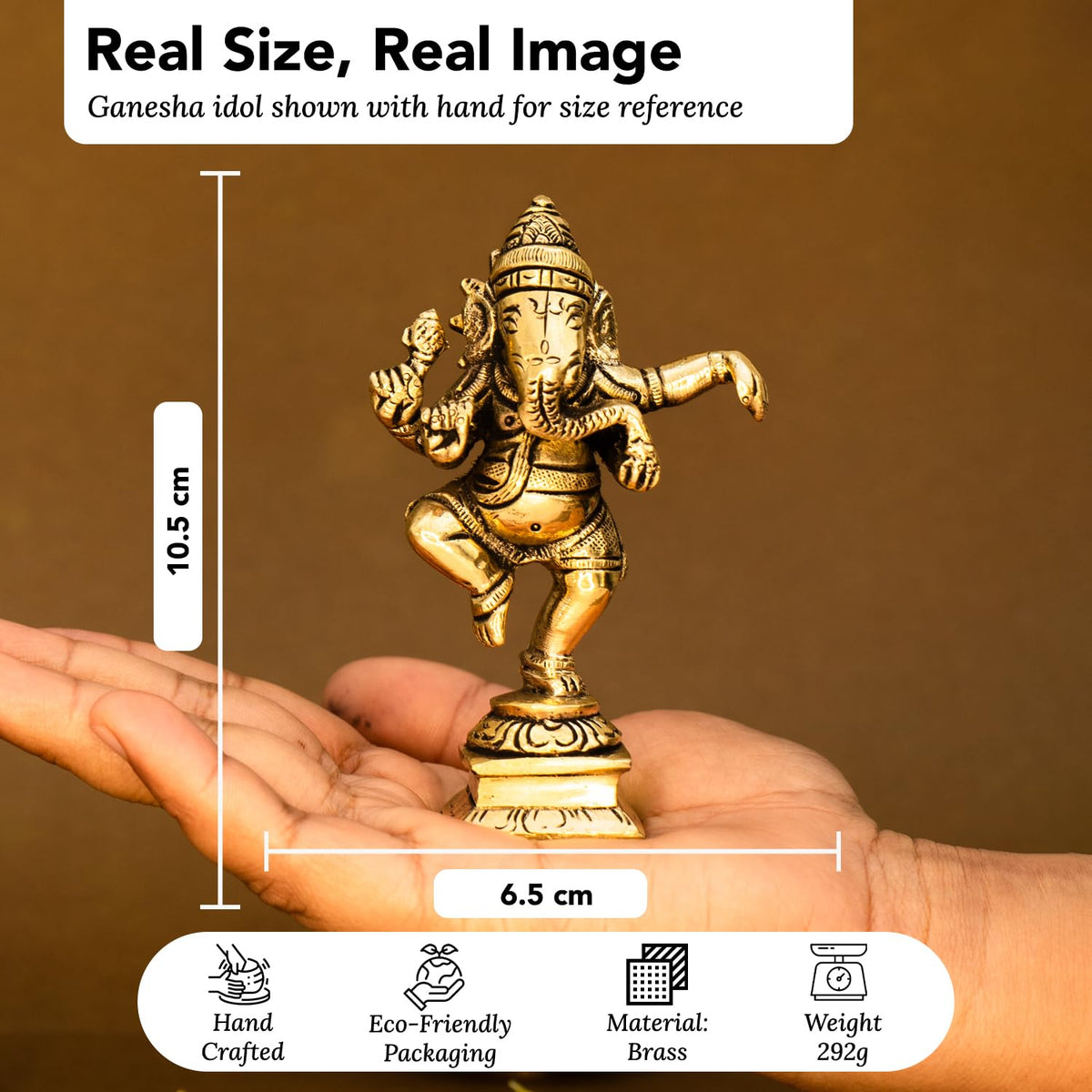 100% Pure Brass Ganesha Idol (Size: 10.5 cm) | Pital Ganesh Murti for Pooja Room, Home Decor, Office Desk and Car Dashboard | Vinayagar Statue for Diwali Puja