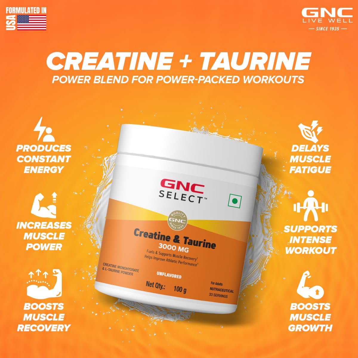 Zephivo GNC Pure Micronized Creatine Monohydrate + Taurine | 100 gm | 33 Serving | Unflavoured | Instantized | Fuels Muscles | Increase Muscle Mass | Rapid Absorption | Faster Muscle Building| Lab Tested | Faster Muscle Recovery| Boost Performance | Imported