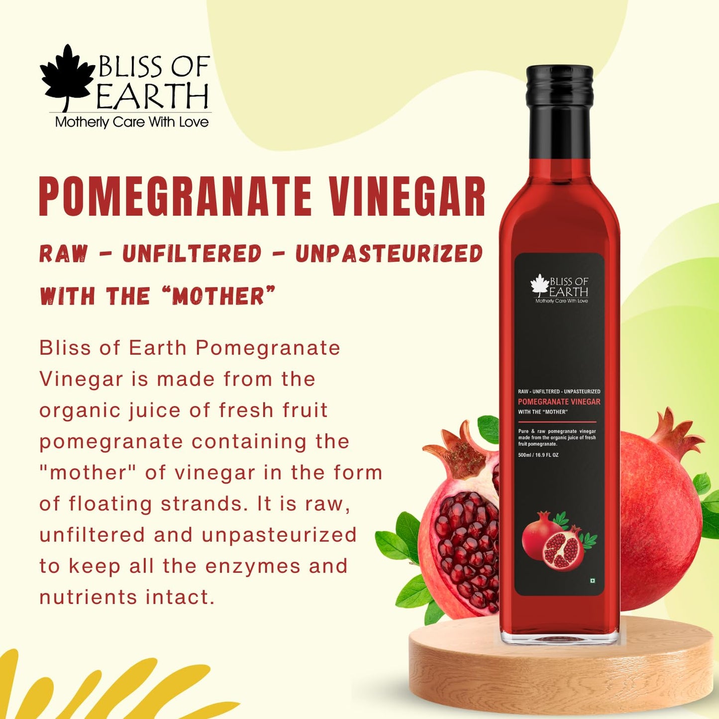Bliss of Earth Raw Pomegranate Vinegar With Mother, Unfiltered Anar Ka Sirka For Cooking, Healhty Digestion & Metabolism, 500ml
