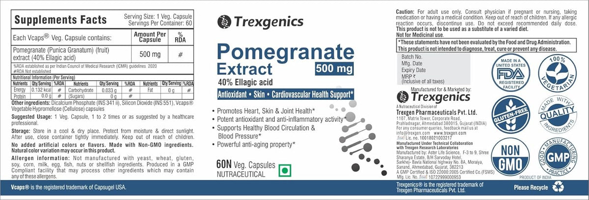 Trexogenics Pomegranate Extract supplement label with branding and certification logos.