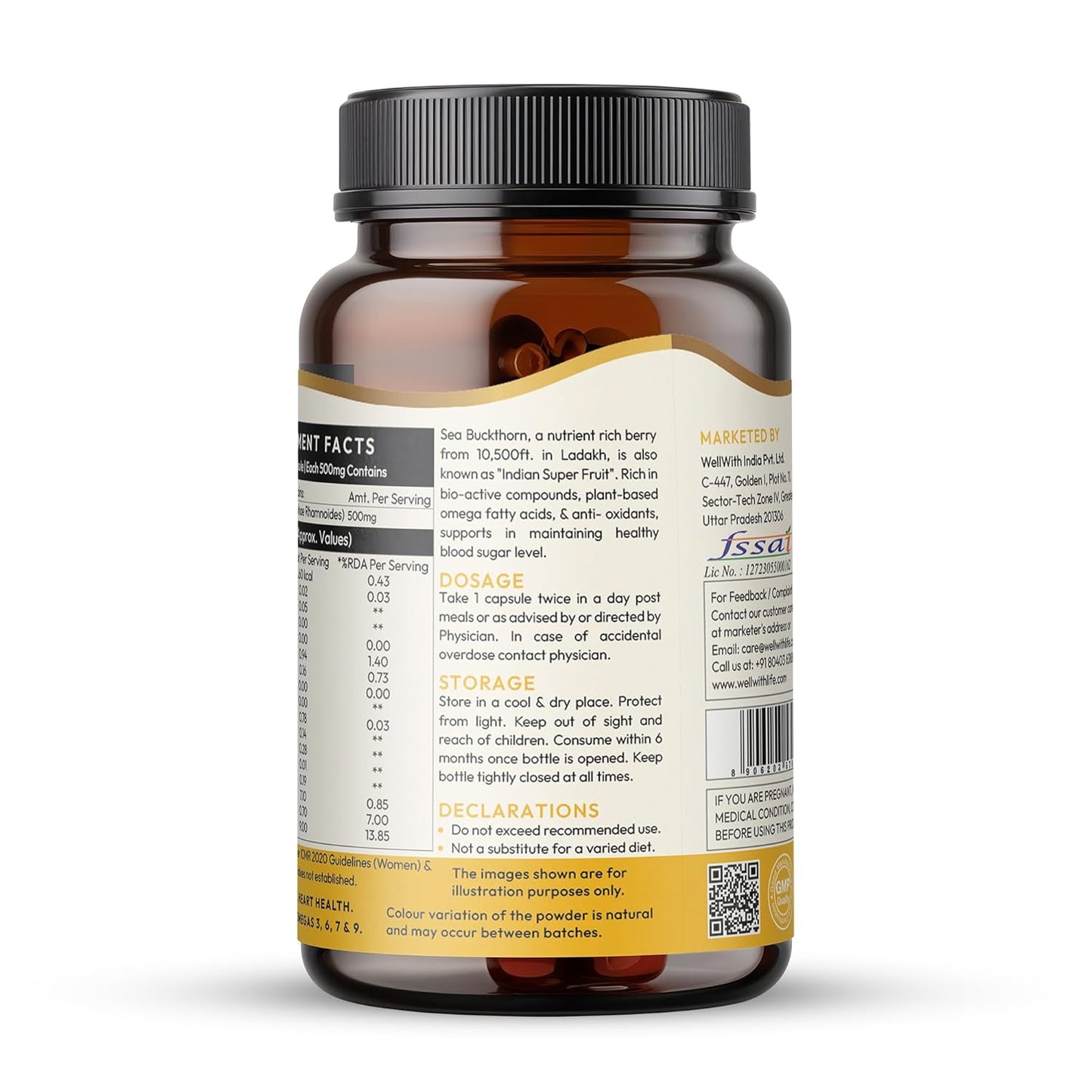 Wellwith Sea buckthorn Berry Powder Capsules – 60 Vegan Caps |Sea buckthorn capsules rich in Natural Vitamin C for Skin Glow & Collagen Boost | Pack of 1