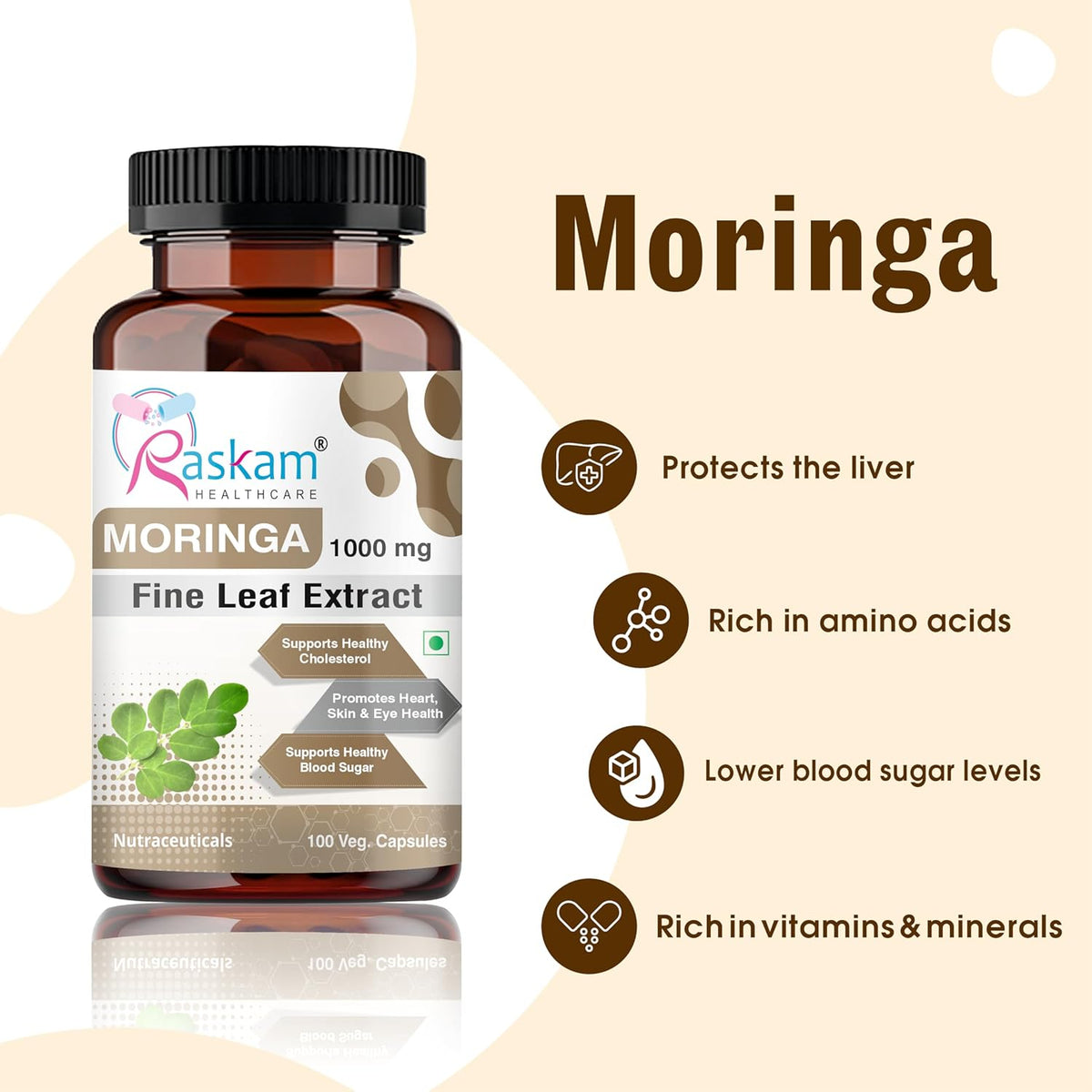 Raskam Moringa supplement bottle with label on a beige background