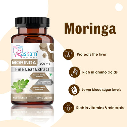 Raskam Moringa supplement bottle with label on a beige background