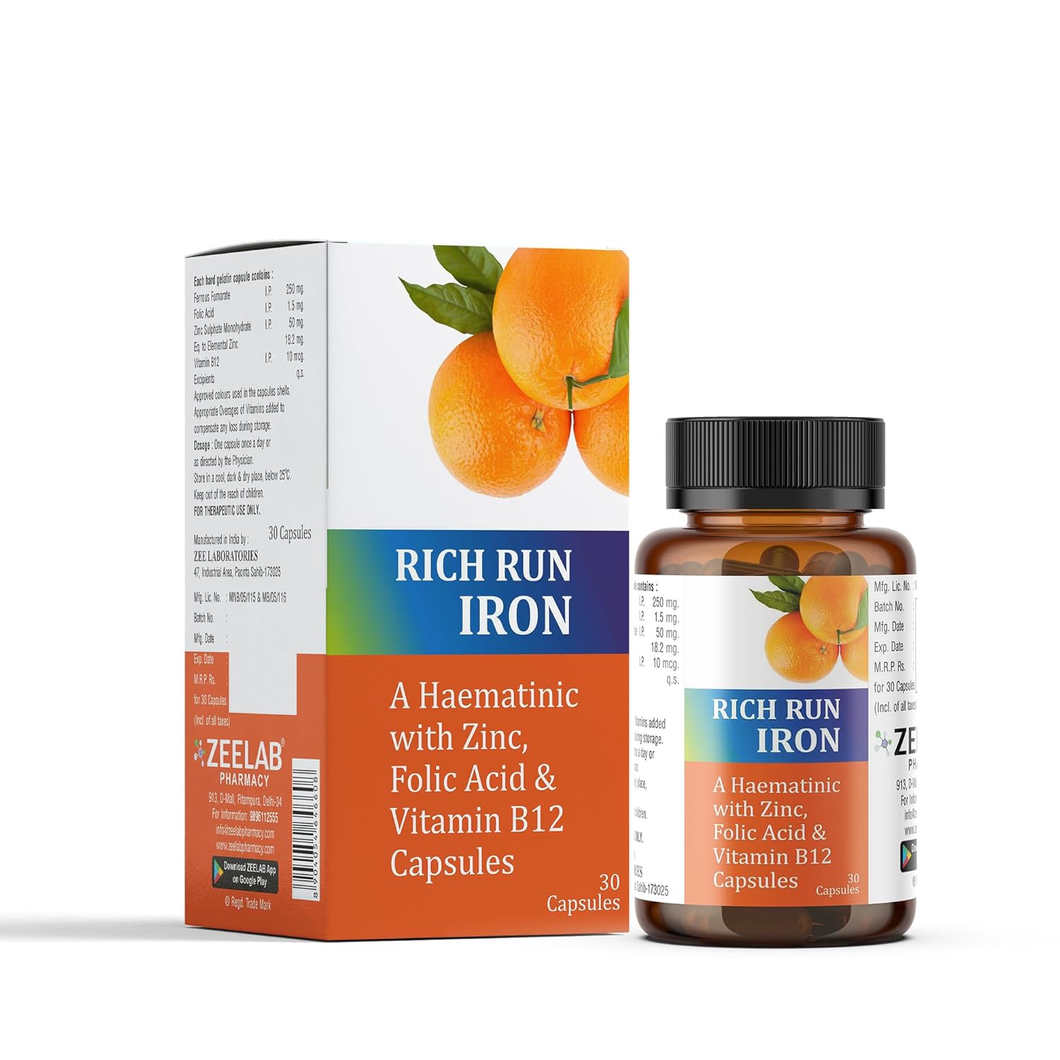 Rich Run Iron supplement bottle and packaging with oranges on a white background