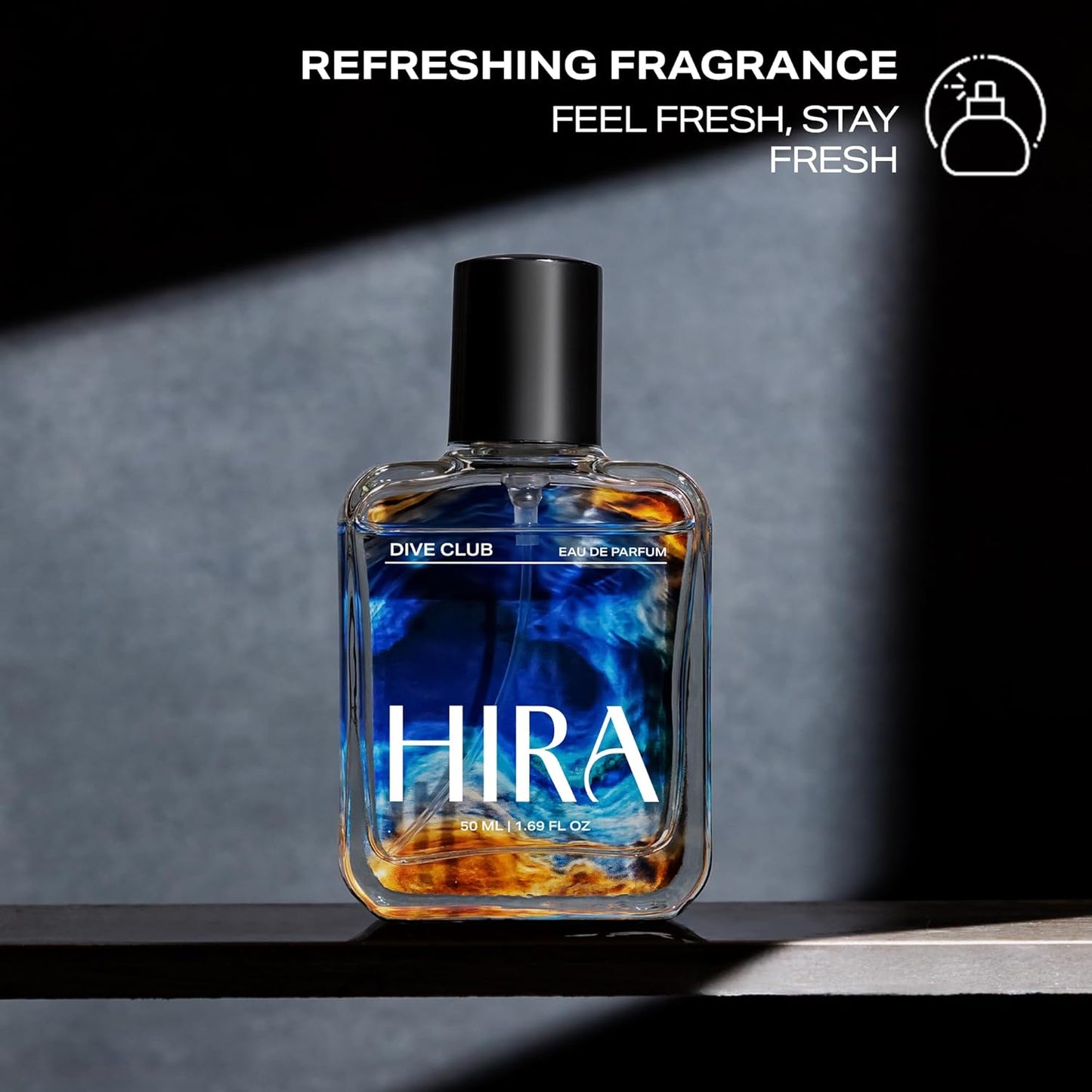 Perfume bottle labeled 'HIRA' with a dark background