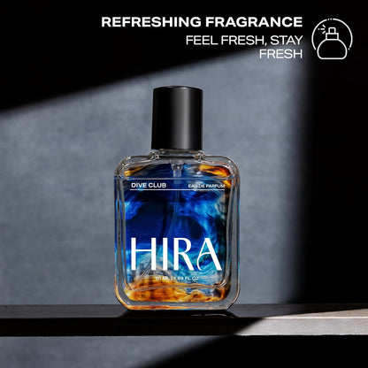 Perfume bottle labeled 'HIRA' with a dark background