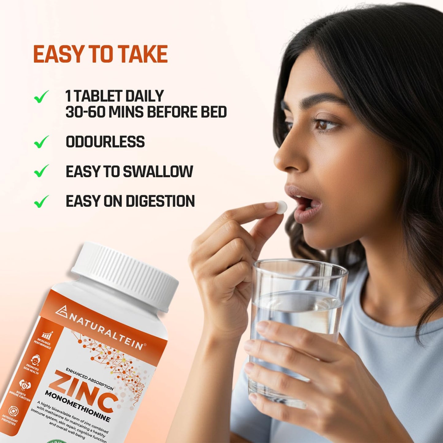 Woman taking a supplement with water, featuring Naturaltein Zinc product and benefits text.