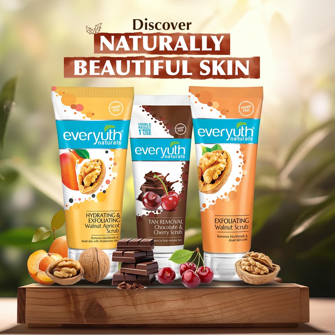 Three 'everyuth' skincare products on a wooden stand with natural ingredients and a blurred green background.
