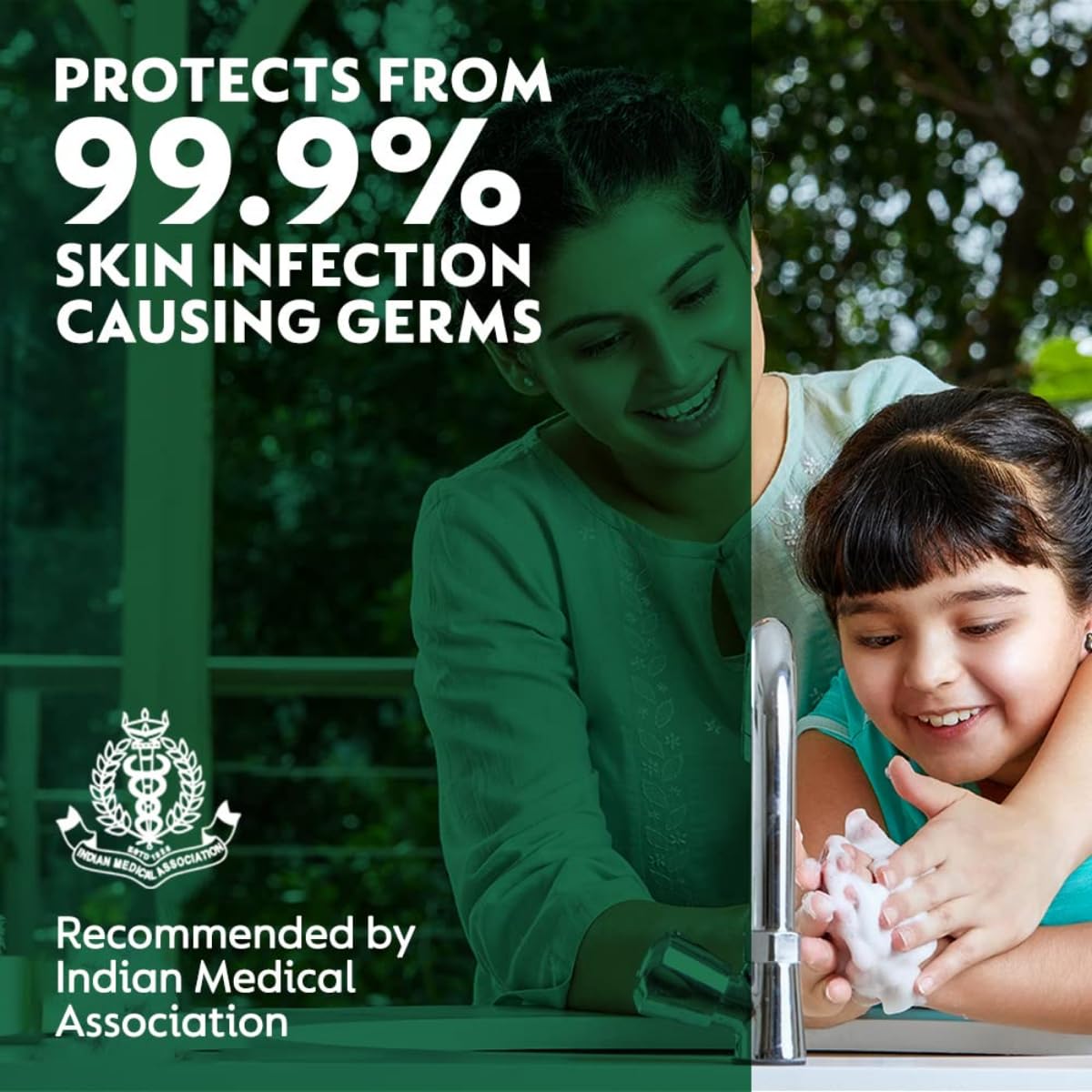 Advertisement showing a woman and child washing hands with text about germ protection and Indian Medical Association recommendation.