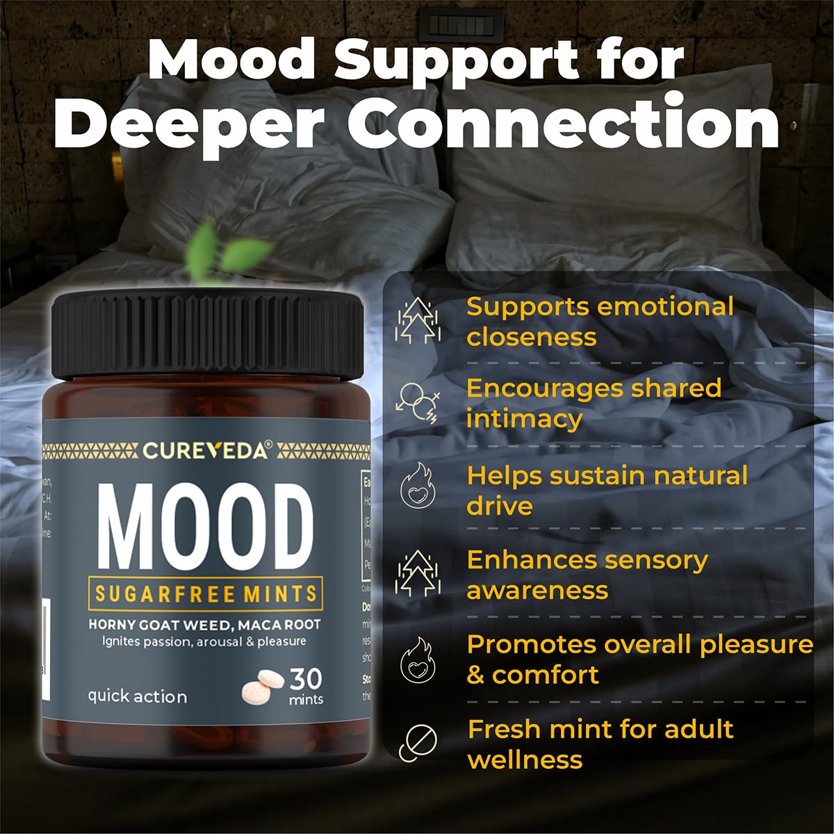 Cureveda Mood supplement bottle with bedroom background and product features text.