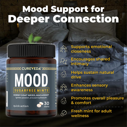 Cureveda Mood supplement bottle with bedroom background and product features text.