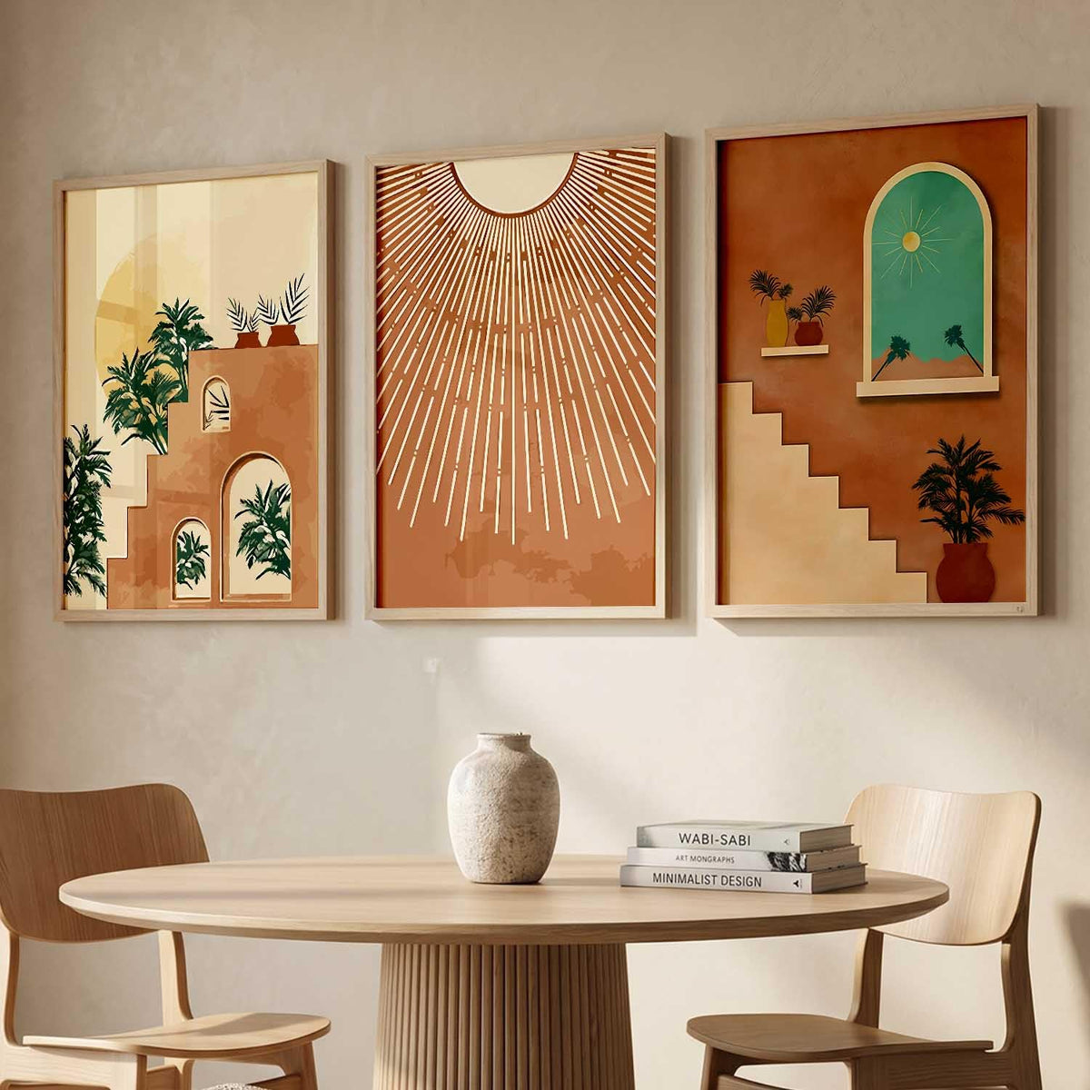 Boho Art Home Decoration Modern Paintings With Frame For Living Room Bed Room Hotel Wall Decor Digital Reprint Set of 3 (13X17 inch)