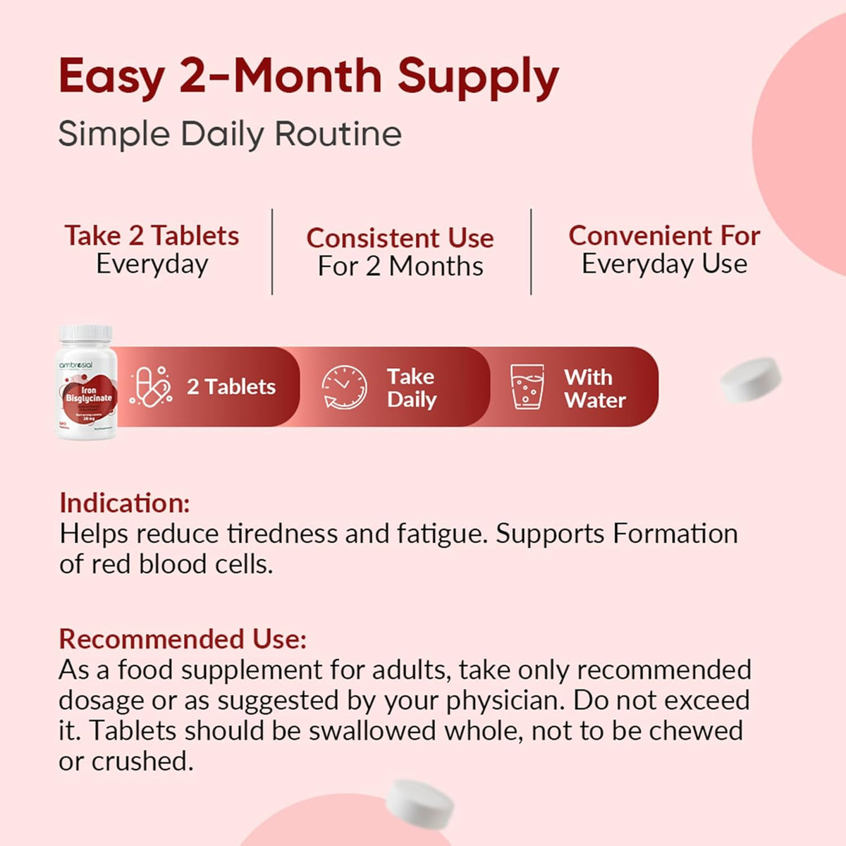 Supplement packaging with text on a pink background